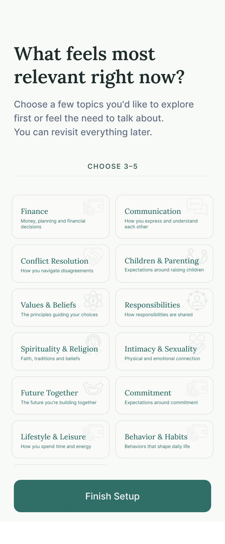 Between Us — Topic Selection screen