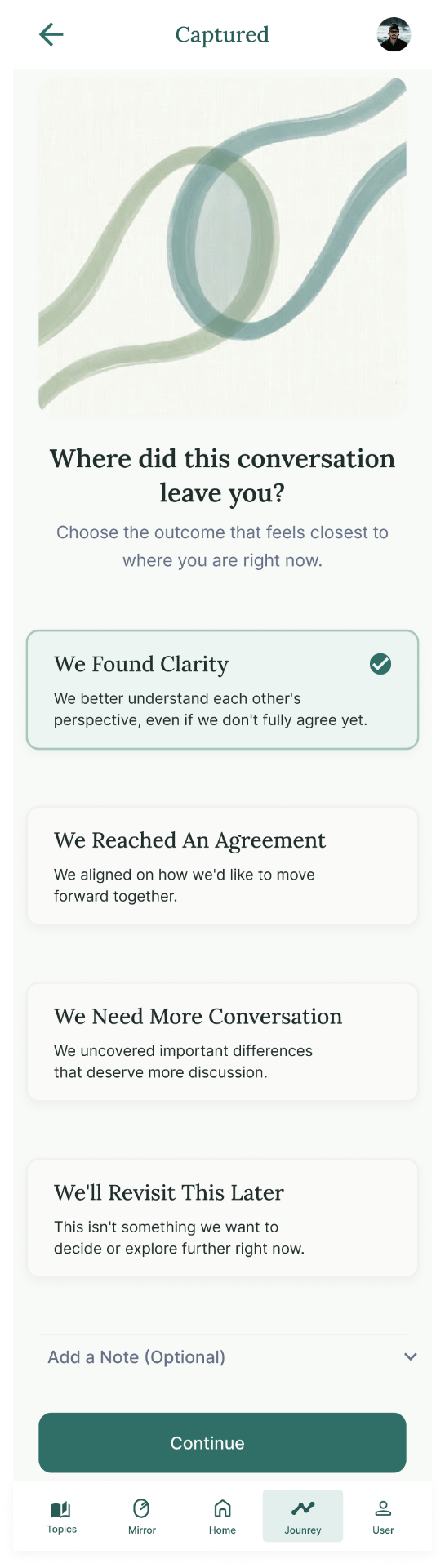 Between Us — Conversation Outcome screen